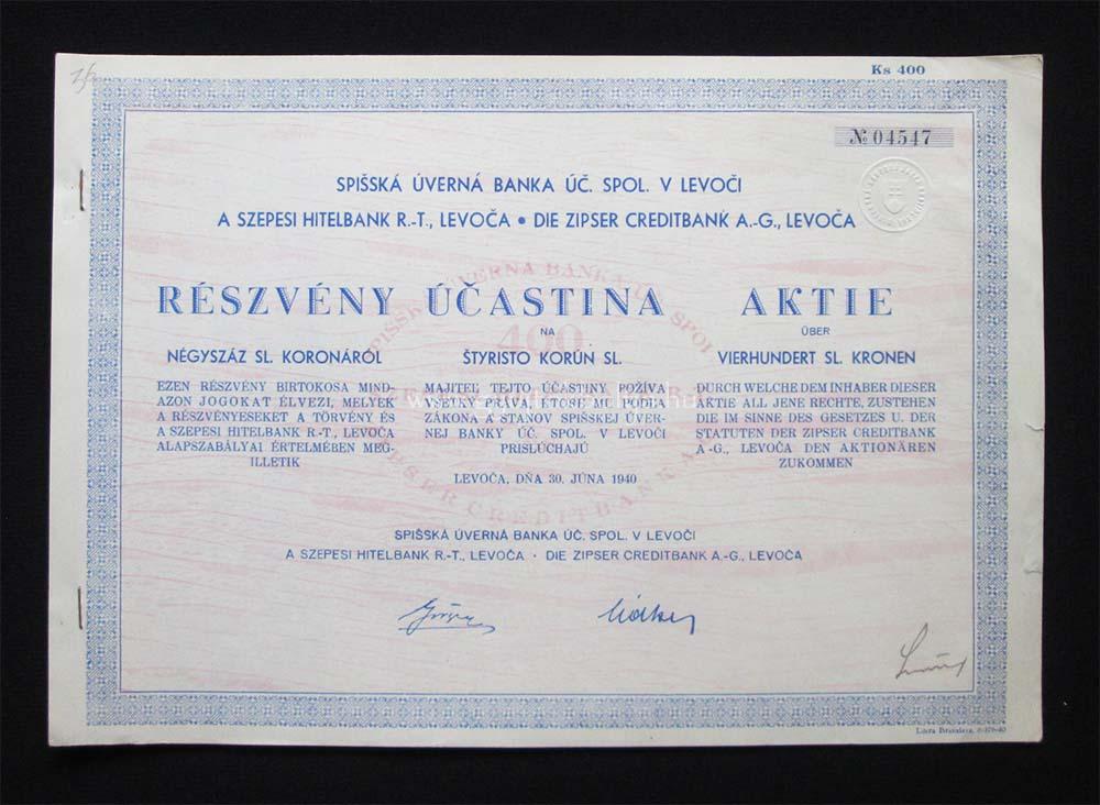 Szepesi Hitelbank részvény 400 korona 1940 Lőcse (SVK)